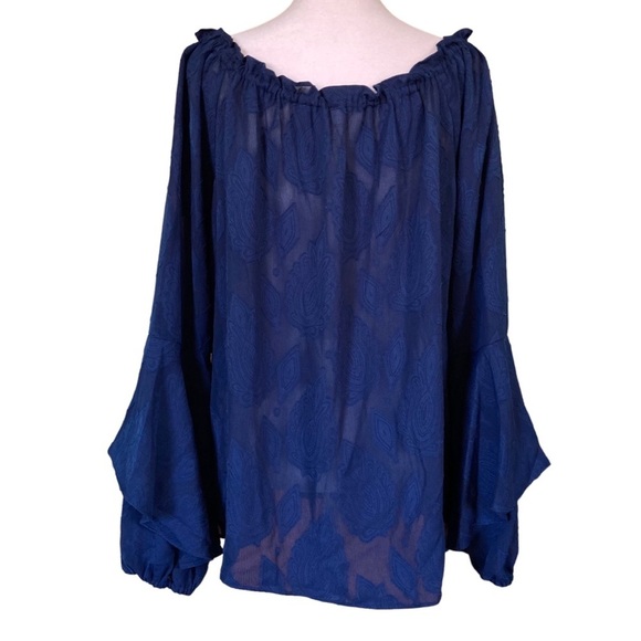 MICHAEL Michael Kors Navy Blue Leaf Jacquard Off-The-Shoulder Blouse (Size L) - Picture 5 of 16